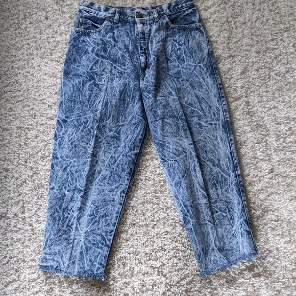 Vintage 1980s Acid Washed High Waisted Jeans Cropped Frayed Hem Size 13/14 - Picture 1 of 6